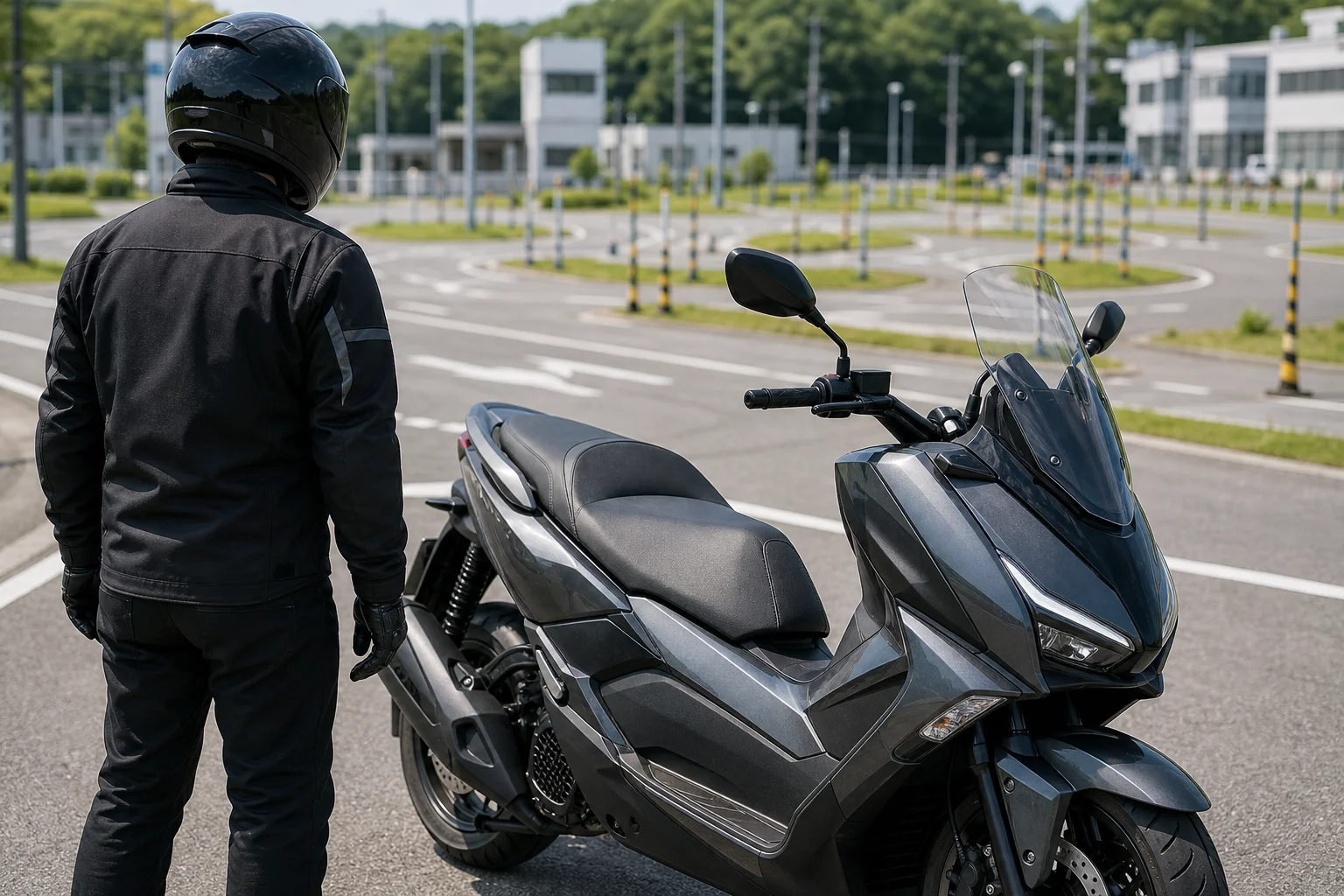 教習所のコースに置かれたクラッチ操作のない架空の大型スクーター型バイクと、ヘルメットを着けた教習生の後ろ姿