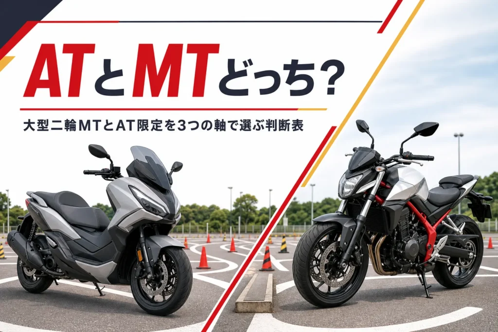 大型二輪をATとMTのどちらで取るか迷った時の判断表を紹介する記事のアイキャッチ