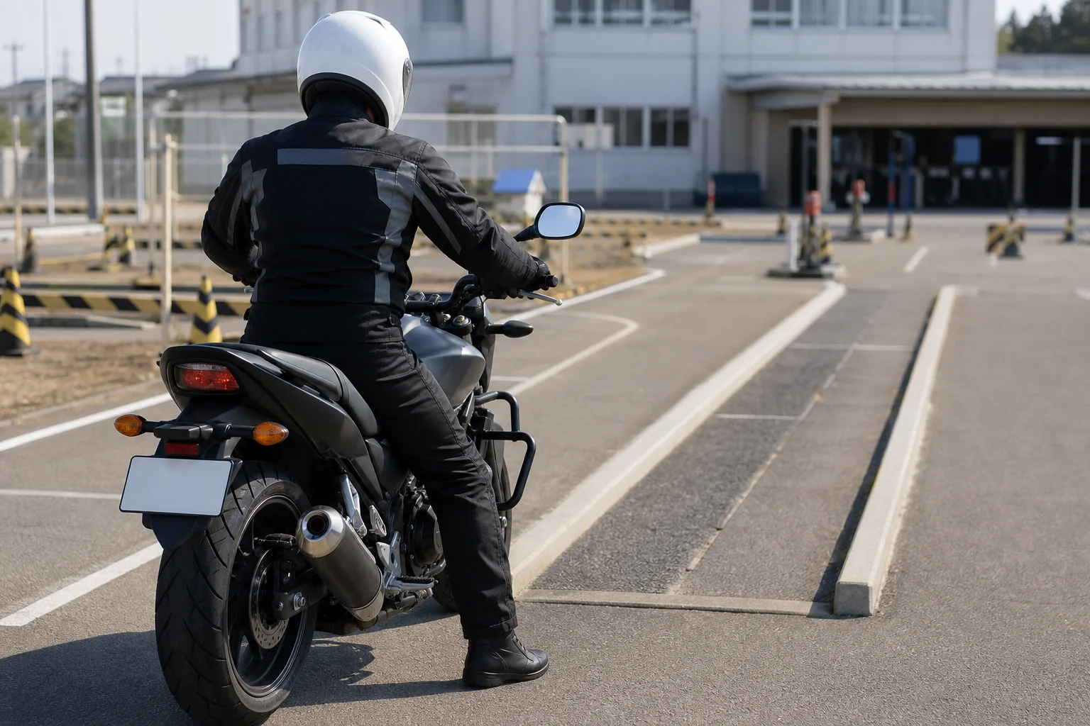 大型二輪MTの教習で苦戦しやすい一本橋の手前で、大型の教習車にまたがる教習生の後ろ姿
