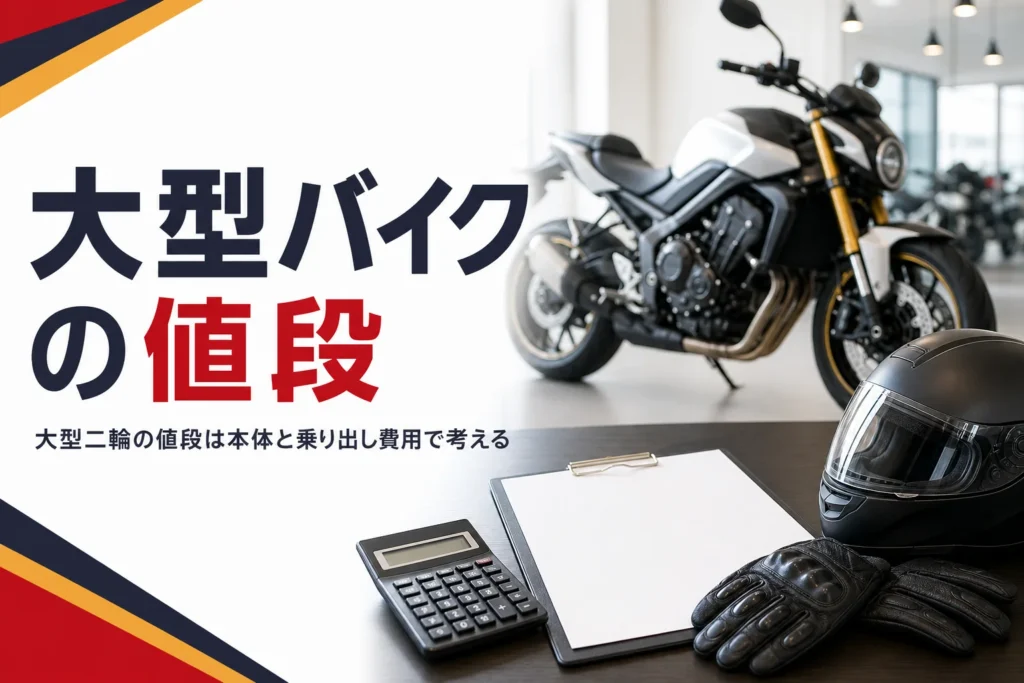 大型二輪のバイクの値段を、新車・中古と乗り出し費用の考え方で紹介する記事のアイキャッチ