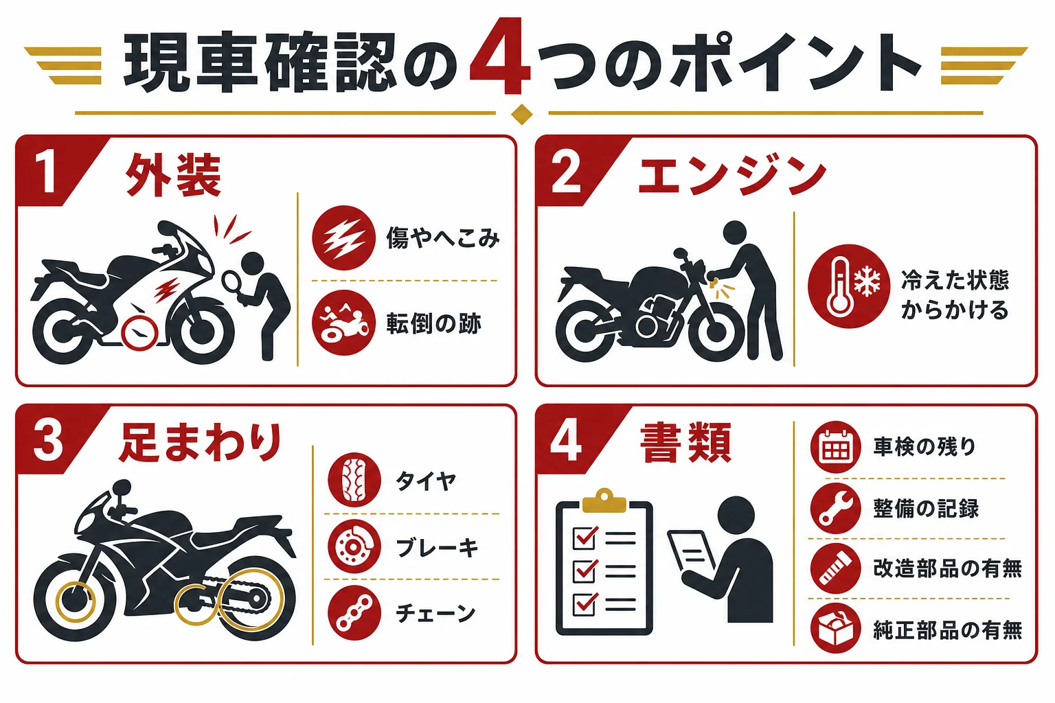 中古の大型バイクの現車確認で見たい外装・エンジン・足まわり・書類の4つのポイントをまとめた図解