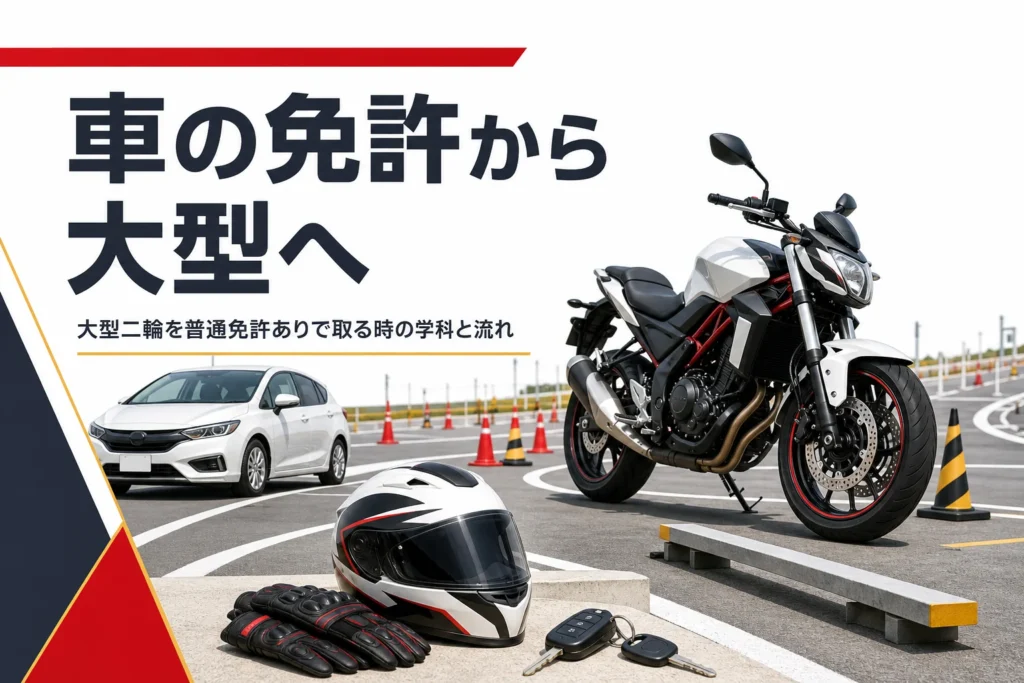 普通免許ありで大型二輪を取る時に学科が短くなる所と教習の流れを紹介する記事のアイキャッチ