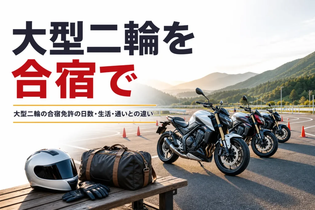 大型二輪の合宿免許の日数と生活、通いとの違いを紹介する記事のアイキャッチ
