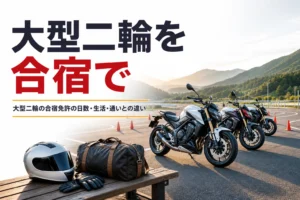 大型二輪の合宿免許の日数と生活、通いとの違いを紹介する記事のアイキャッチ
