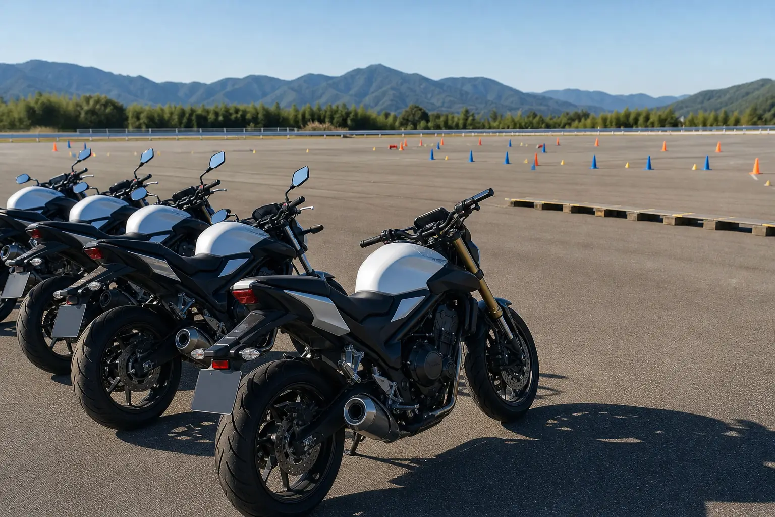 大型二輪の合宿免許で、教習所のコースに架空のデザインの大型バイクが並んでいる朝の情景