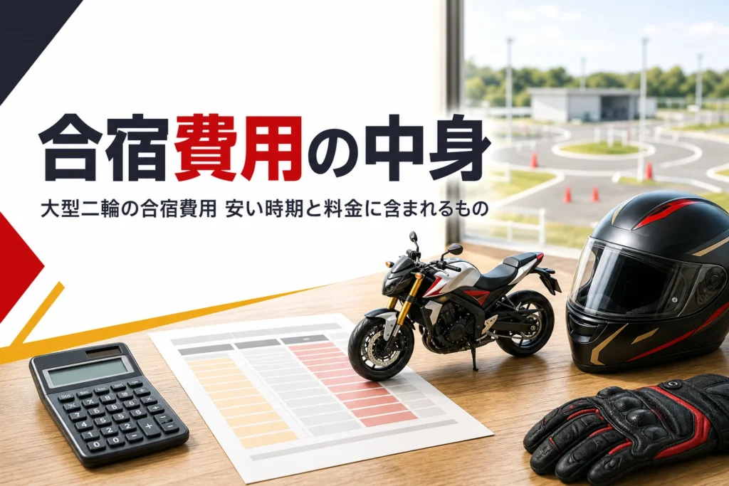 大型二輪の合宿免許の費用と、安い時期・料金に含まれるものを紹介する記事のアイキャッチ