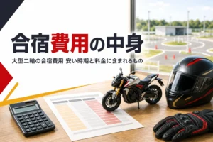 大型二輪の合宿免許の費用と、安い時期・料金に含まれるものを紹介する記事のアイキャッチ