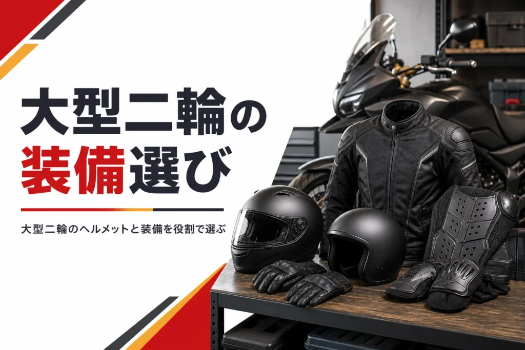 大型二輪のヘルメットの選び方と、教習から公道までにそろえる装備を紹介する記事のアイキャッチ