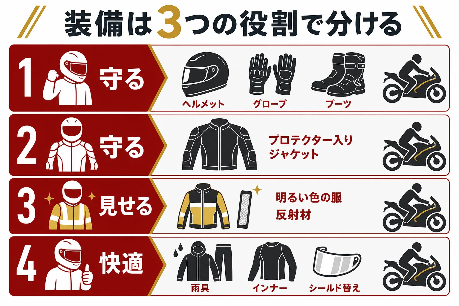バイクの装備を守る・見せる・快適の3つの役割に分け、そろえる順番を示した図解