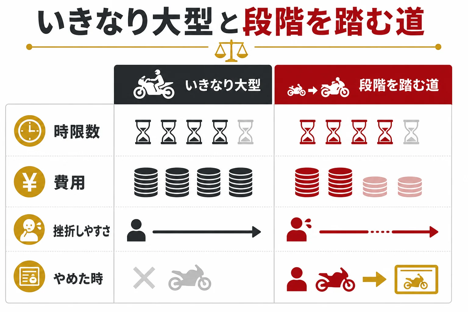 いきなり大型二輪と普通二輪からのステップアップを、時限数・費用・挫折しやすさの3つの物差しで比べた図解