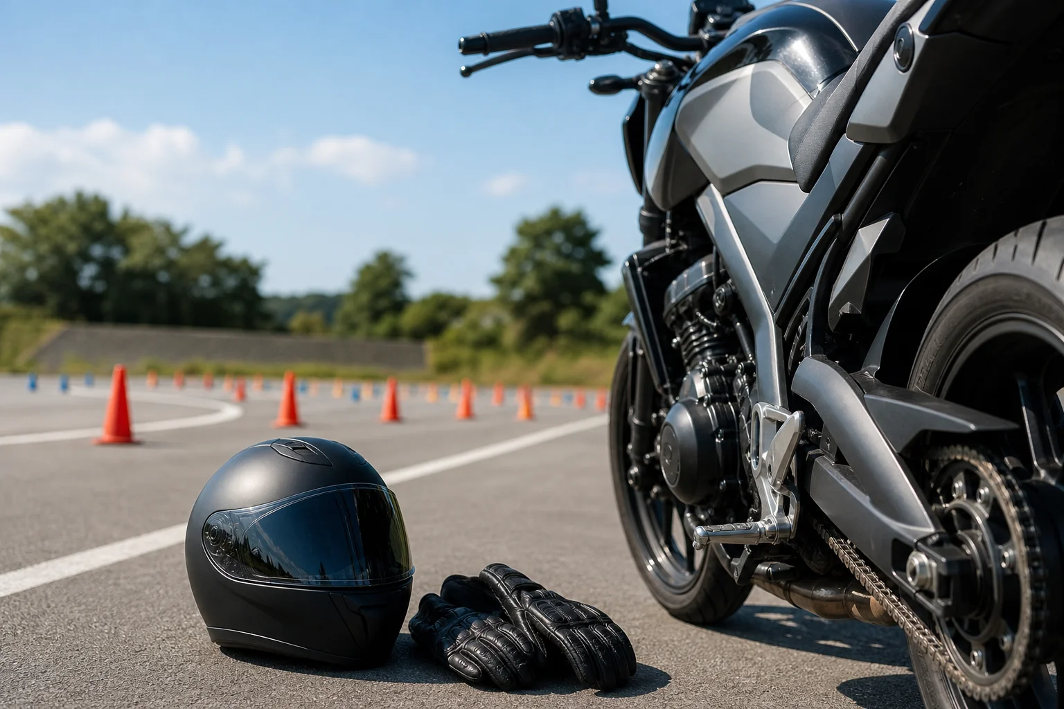 いきなり大型二輪を目指す人が最初に乗ることになる、教習所のコースに止まった大型バイクのイメージ写真