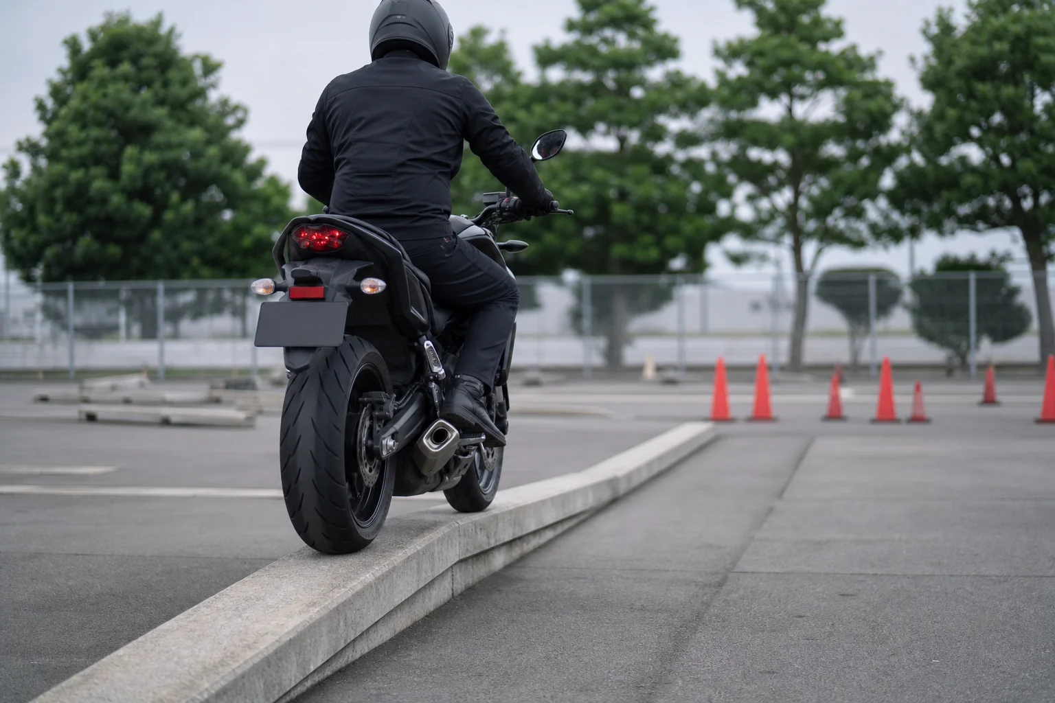 教習コースの一本橋の台を、大型バイクがゆっくり渡っている様子のイメージ