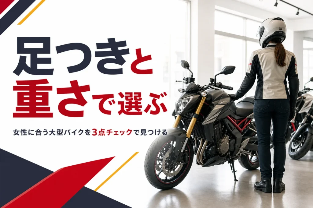 女性が大型バイクを足つき・重さ・ハンドルまでの距離で選ぶ記事のアイキャッチ