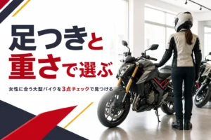 女性が大型バイクを足つき・重さ・ハンドルまでの距離で選ぶ記事のアイキャッチ