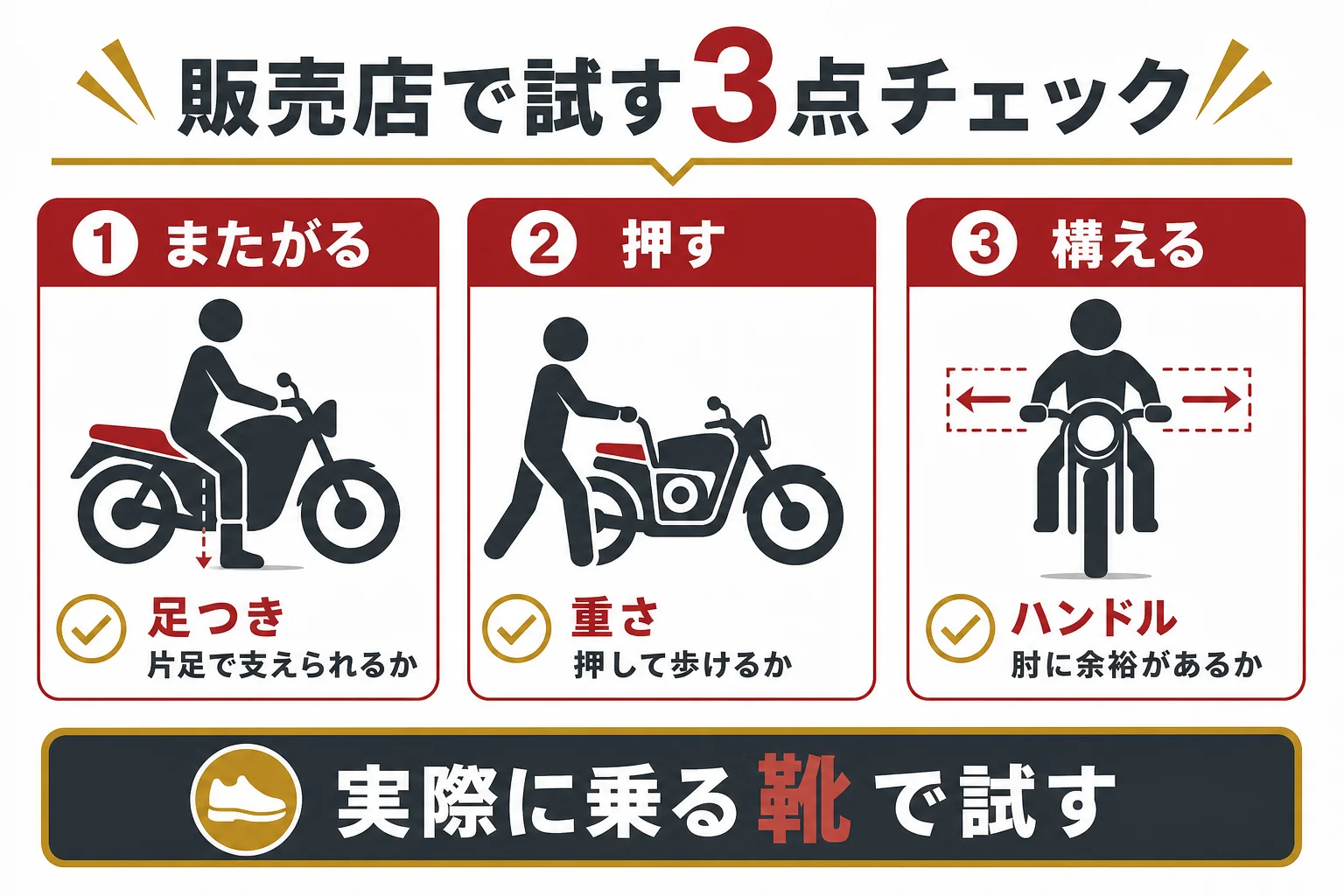 販売店で大型バイクを選ぶ時の、足つき・重さ・ハンドルまでの距離の3点チェックの図解