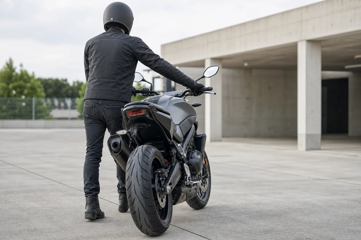 平らな場所で大型バイクを押して歩き、重さとの付き合い方を確かめる様子