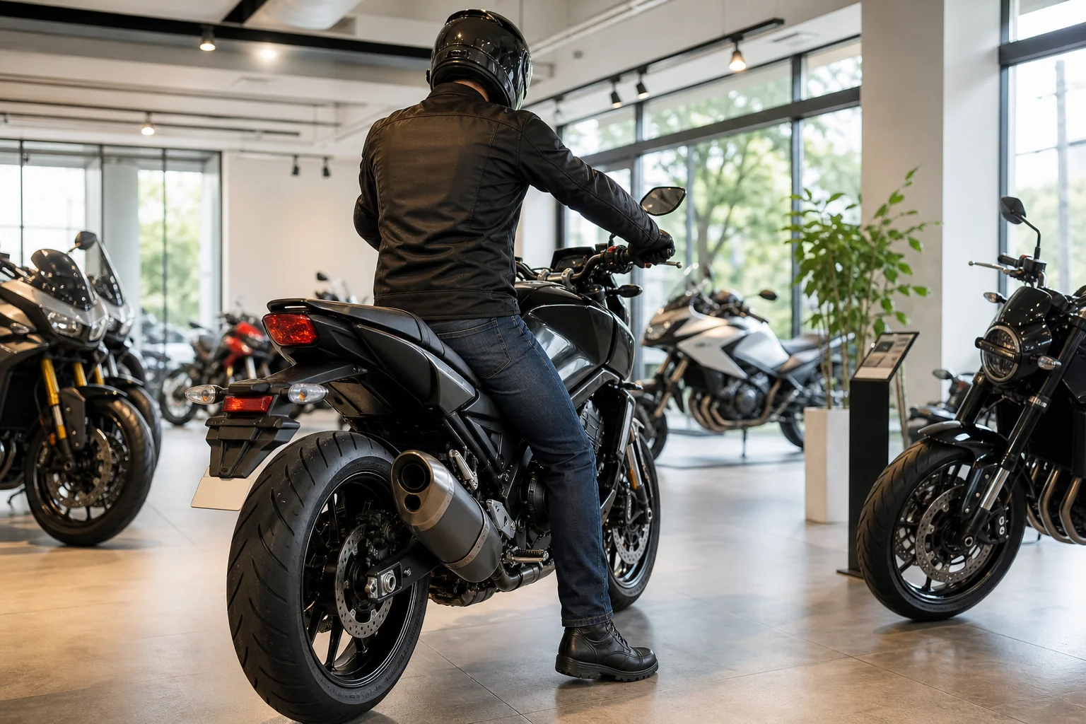 大型バイクを選ぶ時に、販売店でまたがって足つきと重さを確かめる場面の写真
