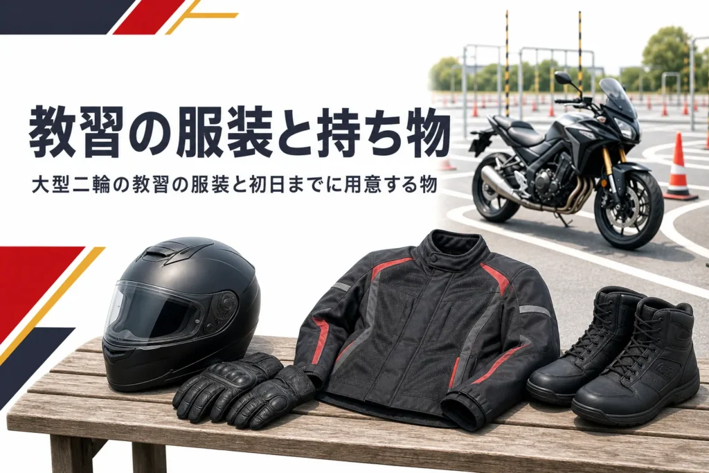 大型二輪の教習の服装と、初日までに用意する持ち物を紹介する記事のアイキャッチ