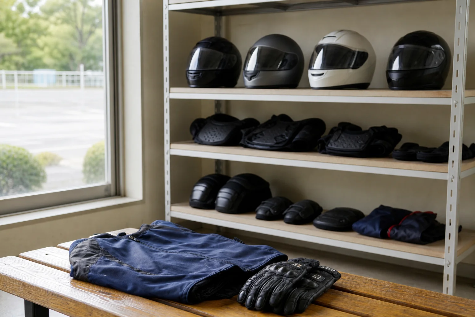 教習所で貸し出されることがあるヘルメットやプロテクターと、自分で用意する手袋や長袖の上着のイメージ