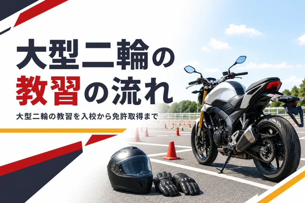 大型二輪の教習の流れを、入校から免許取得まで紹介する記事のアイキャッチ