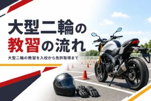 大型二輪の教習の流れを、入校から免許取得まで紹介する記事のアイキャッチ