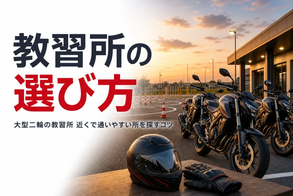 大型二輪の教習所の選び方と、近くで通いやすい教習所を探すコツを紹介する記事のアイキャッチ