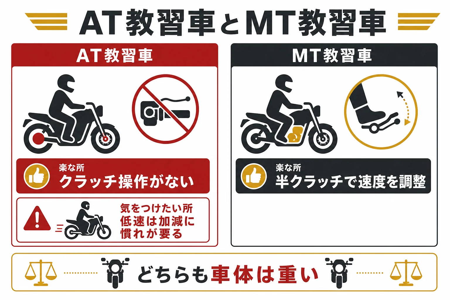 大型二輪のAT教習車とMT教習車の違いを、楽な所と気をつけたい所で比べた図解