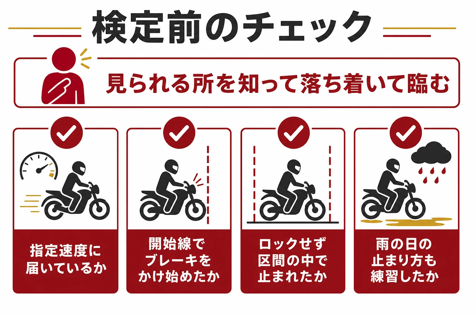 大型二輪の急制動で検定前に確かめておきたい点をまとめた図解