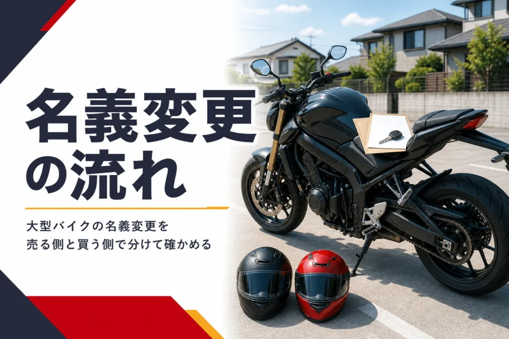 大型バイクの名義変更とは何か、売る・譲る時の手続きの流れを紹介する記事のアイキャッチ