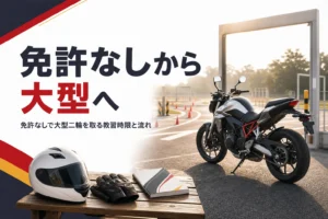 免許なしや原付免許だけの状態から大型二輪を取る時の教習時限と流れを紹介する記事のアイキャッチ