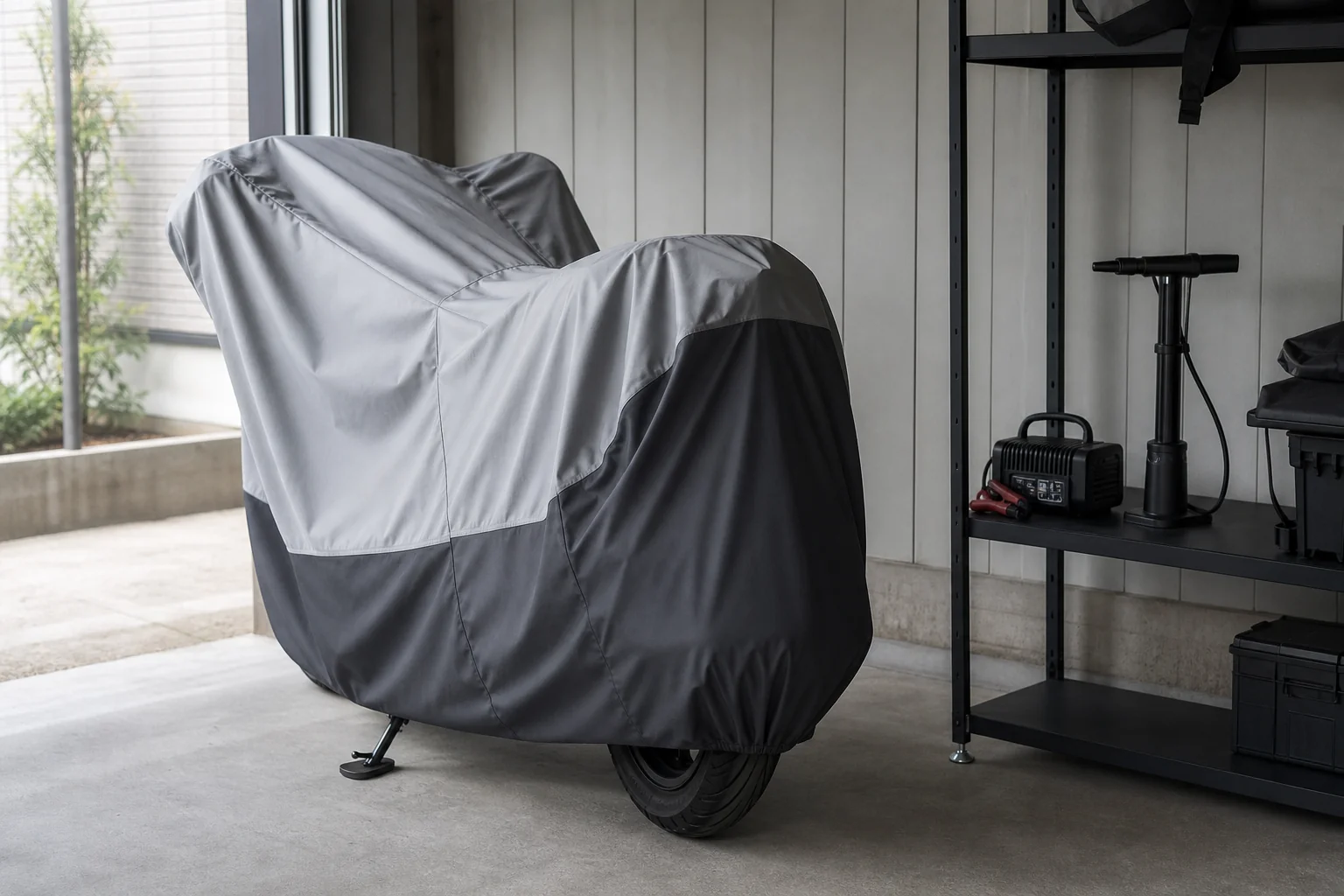 乗らない間の大型バイクをカバーをかけて保管し、バッテリーやタイヤを点検する様子