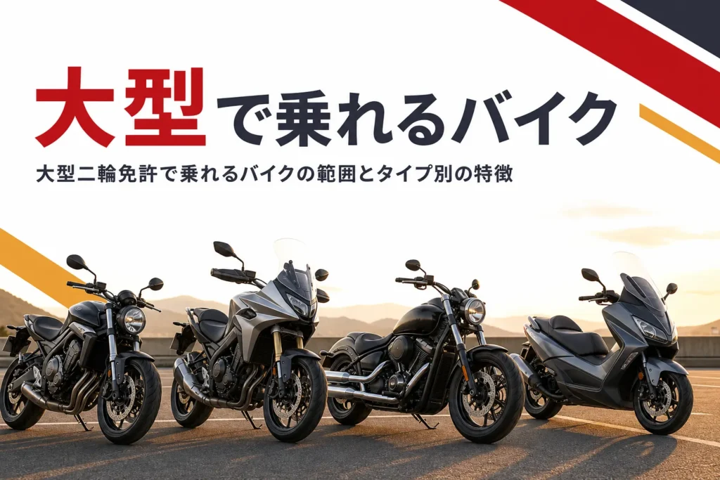 大型二輪免許で乗れるバイクの範囲とタイプごとの特徴を紹介する記事のアイキャッチ