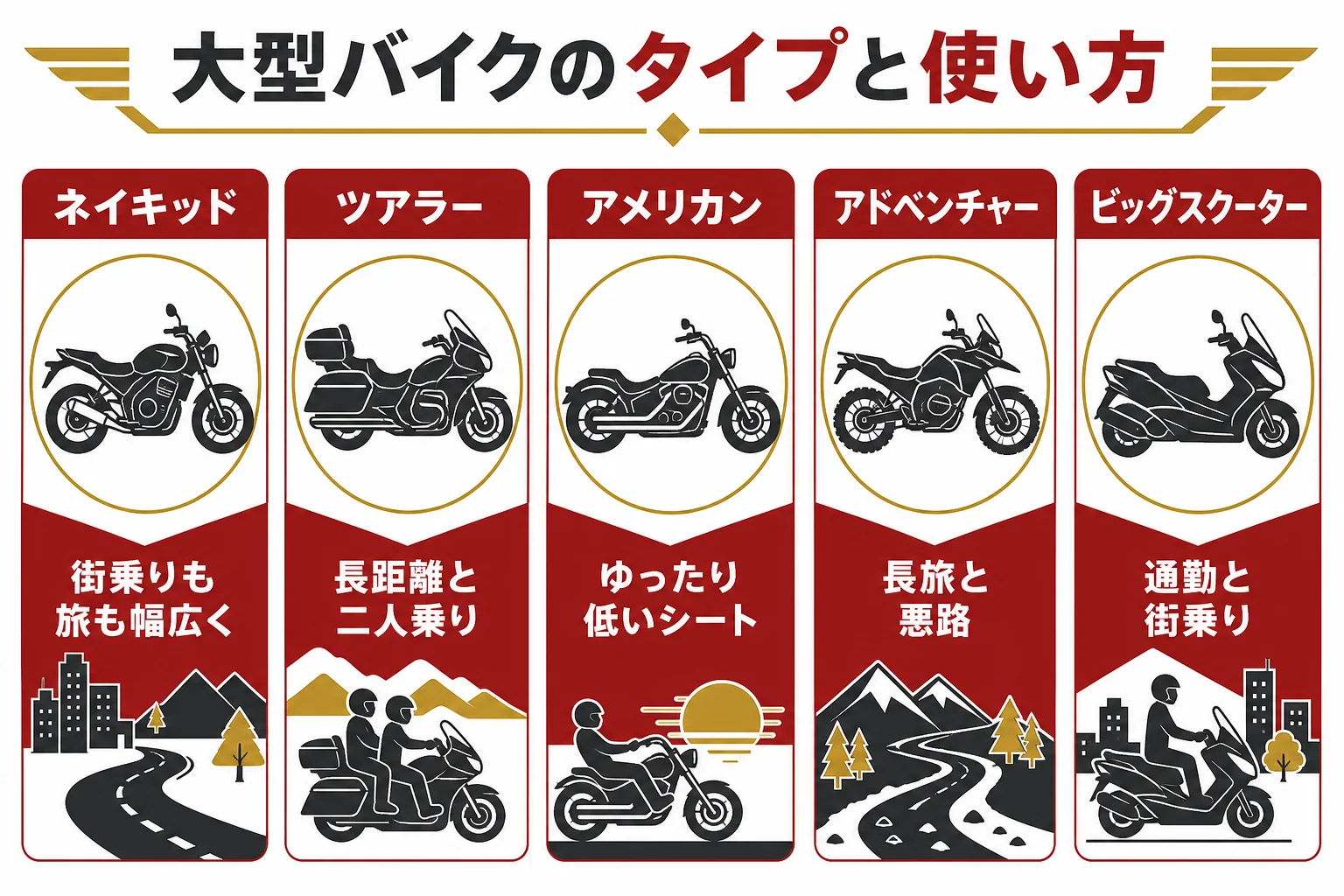 大型バイクのタイプごとに、街乗り・ツーリング・二人乗り・取り回しとの相性を比べた図解