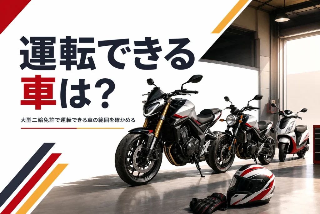 大型二輪免許で運転できる車と、普通二輪・原付に乗れるかを紹介する記事のアイキャッチ
