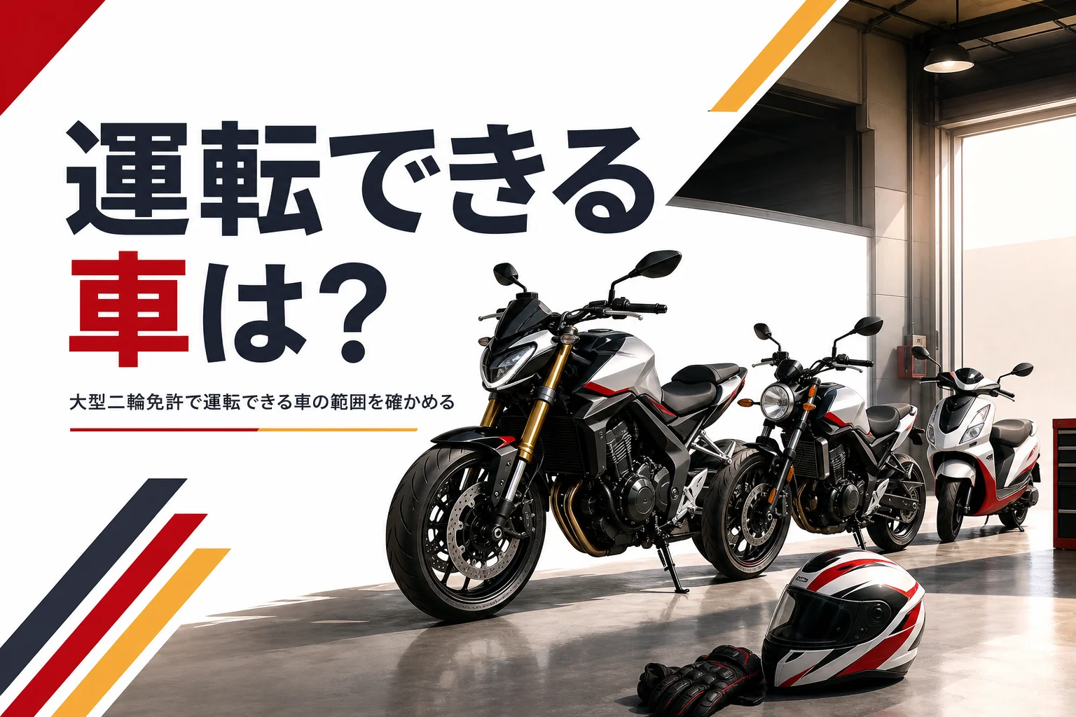 大型二輪免許で運転できる車と、普通二輪・原付に乗れるかを紹介する記事のアイキャッチ