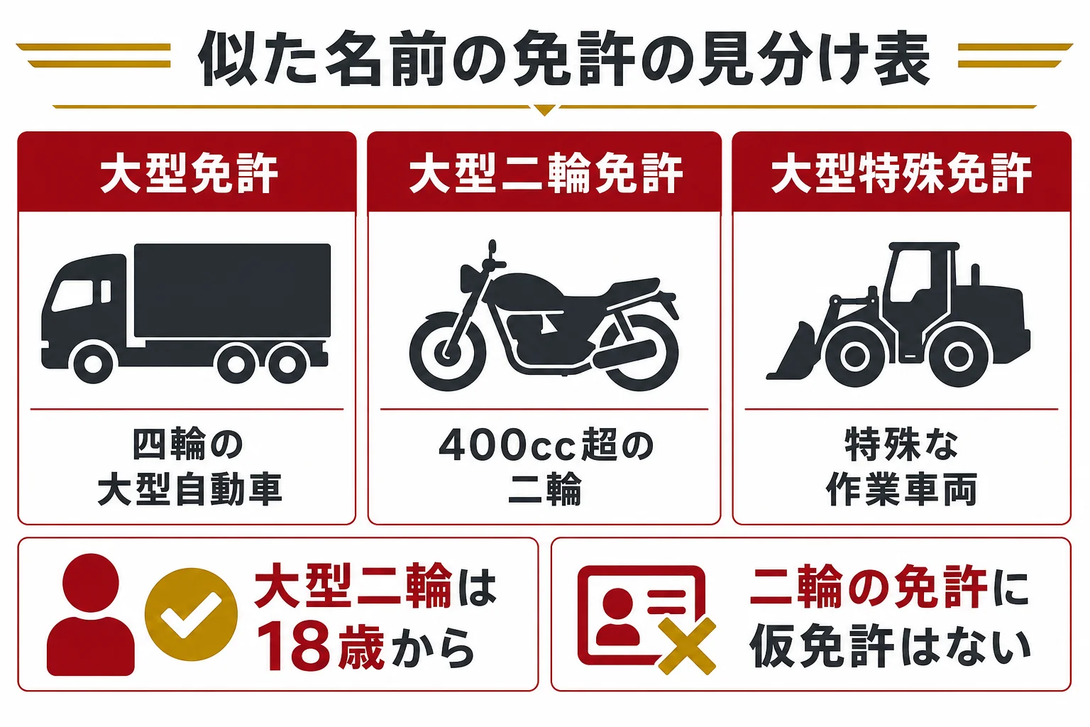 大型免許・大型二輪免許・大型特殊免許を、乗れる車と受験できる年齢で並べた見分け表の図解