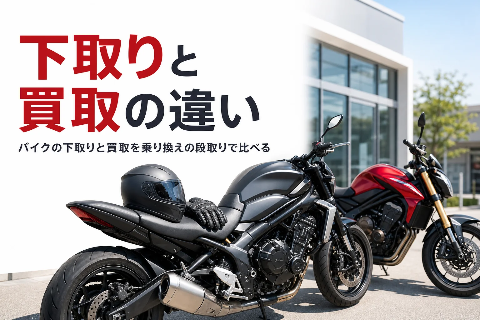 大型バイクの乗り換えで、バイクの下取りと買取の違いを比べる記事のアイキャッチ