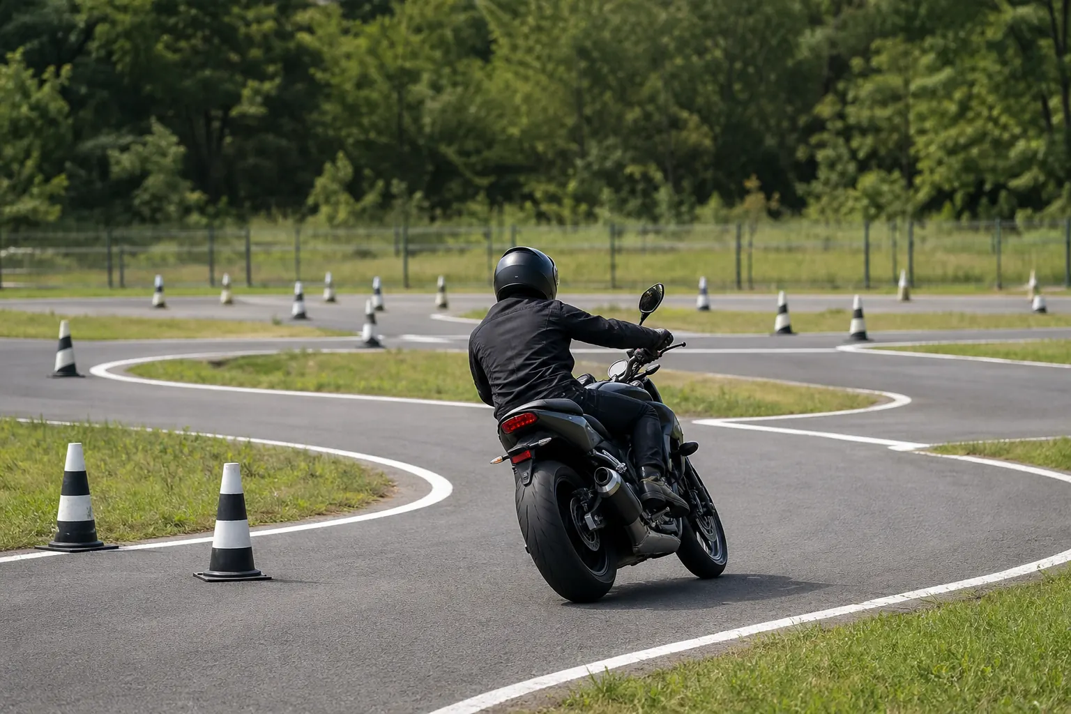 教習コースのS字カーブを、大型バイクがカーブの先を見ながら一定の速度で曲がっていく様子のイメージ