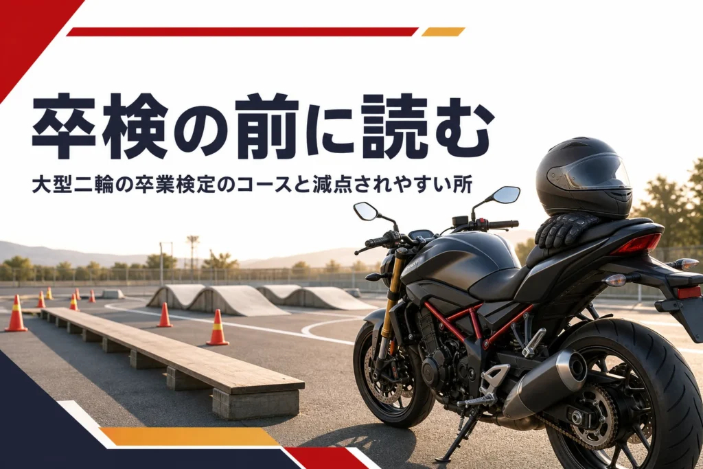 大型二輪の卒業検定のコースと減点されやすい所を紹介する記事のアイキャッチ
