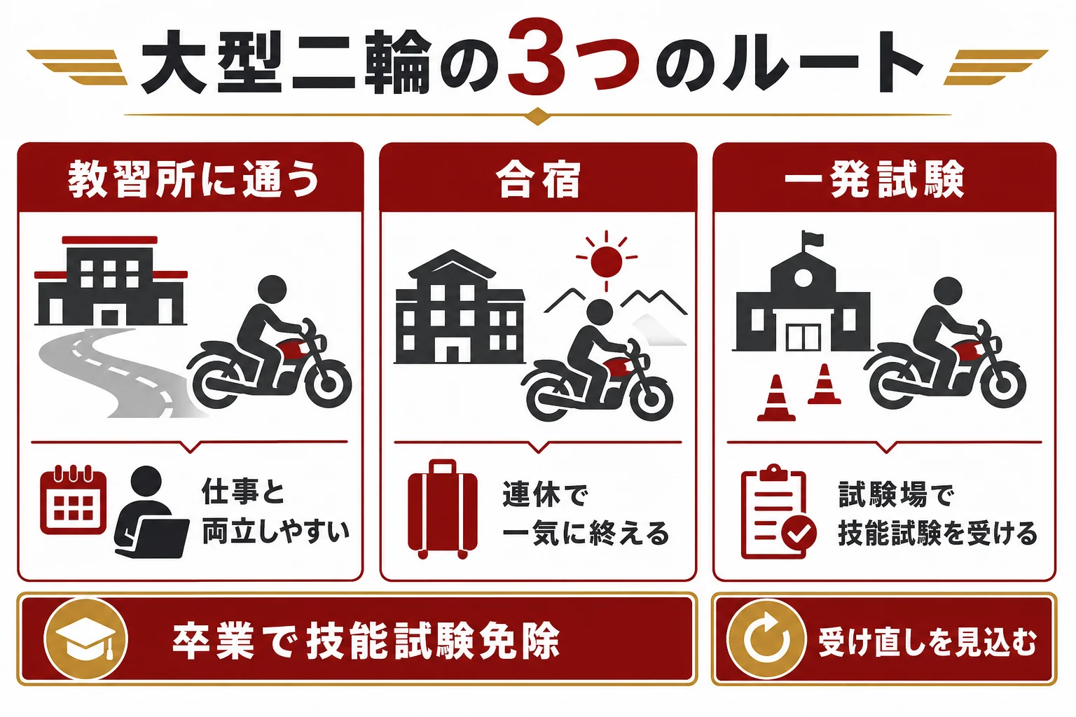 大型二輪免許の取り方を、教習所に通う・合宿・一発試験の3ルートで比べた図解