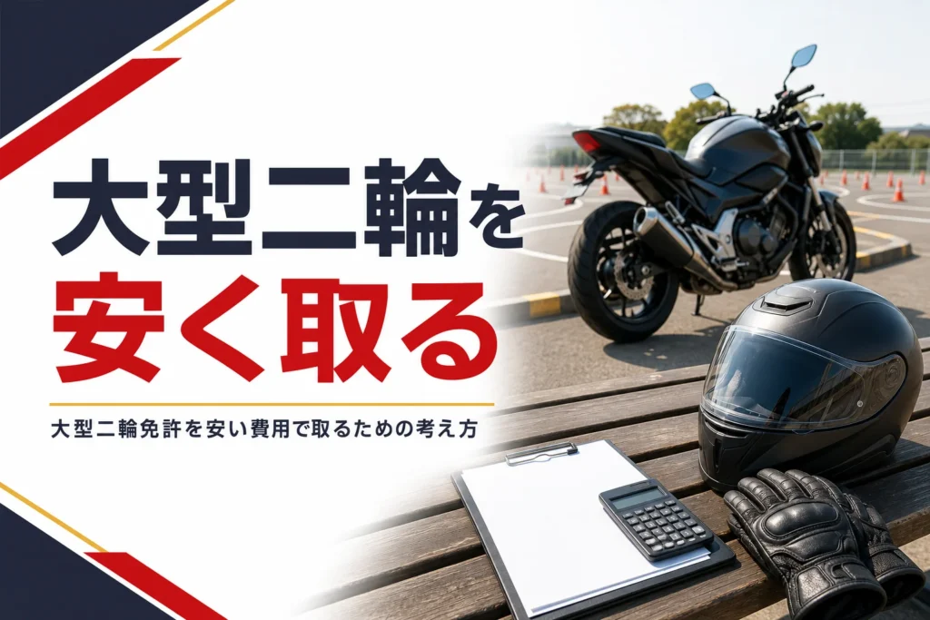 大型二輪免許を安い費用で取るための考え方と注意点を紹介する記事のアイキャッチ